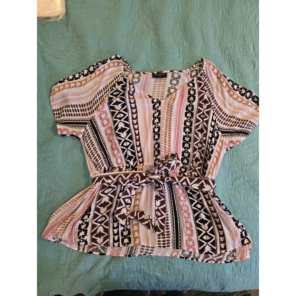 Lane Bryant Women's Size 22 Geo Stripe Rayon Classic V-Neck Blouse W/Belt